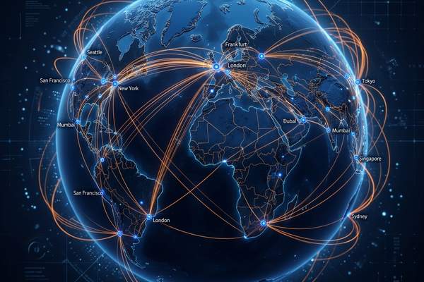 Sleek glowing global connection map representing modern cloud and edge network