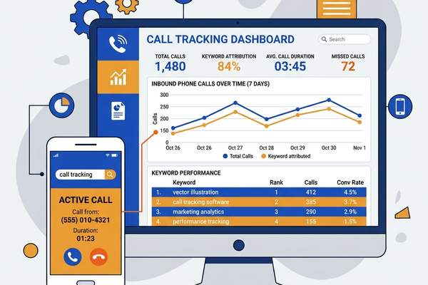 Flat 2D vector illustration of a tracking dashboard linking incoming contractor calls back to specific search keywords