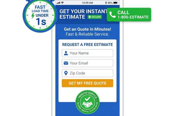 Flat 2D vector illustration of a conversion-optimized mobile landing page loading in under a second