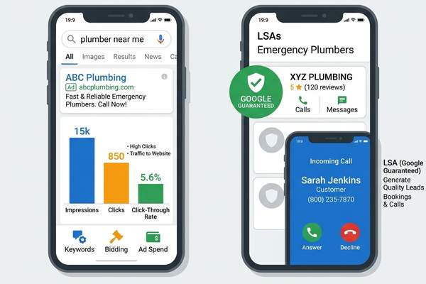 Flat 2D vector comparison showing Google Search Ads pay-per-click model versus Google Local Services Ads pay-per-lead model
