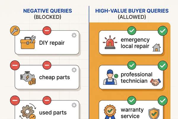 Flat 2D vector showing search queries filtered to block DIY searches while allowing high-value local calls