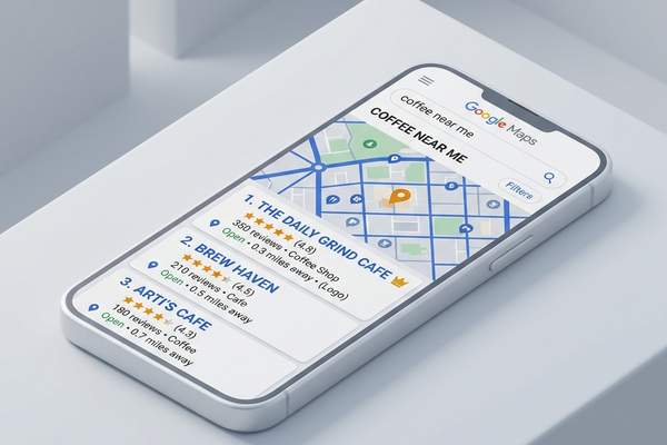 Mobile phone displaying local map search with top ranked business listings