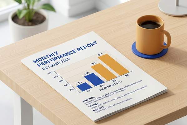 Quarterly progress report chart next to a coffee cup on a table