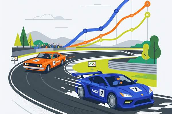 A sleek navy blue sports car outrunning a dusty orange car on a track with graph overlays