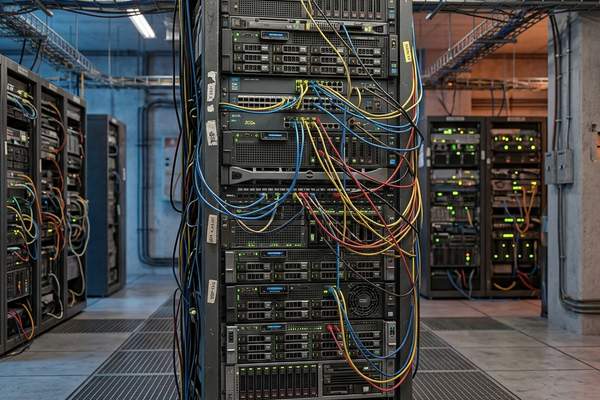 Physical clunky server rack setup representing traditional hosting