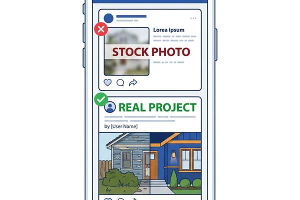 Comparison between generic stock photos and real project photos on a mobile feed