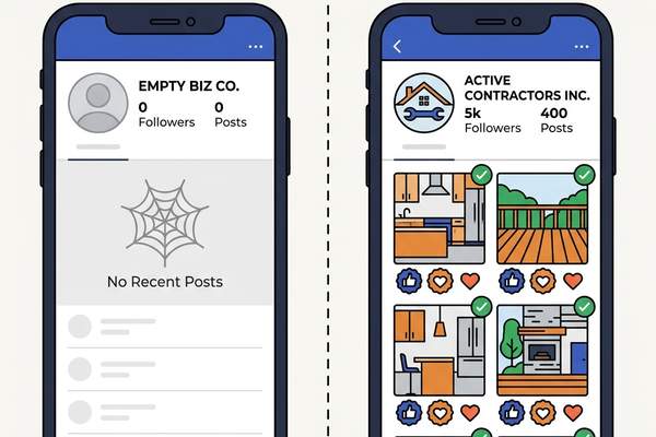 Comparison showing a dead, inactive social page with cobwebs versus an active, vibrant contractor profile with recent project updates