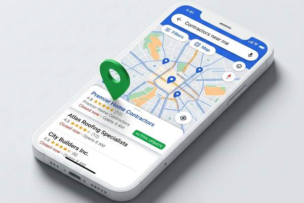 Google Maps local search illustration showing a contractor listing in the top 3 with an active update badge