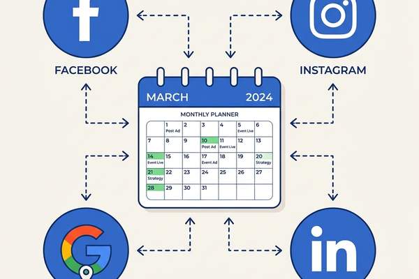 Social media icons Facebook, Instagram, GBP, and LinkedIn linked to a central scheduling calendar