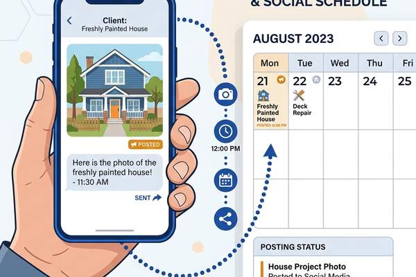 Contractor texting a smartphone photo of a finished job, showing it automatically formatting into a scheduled social media post
