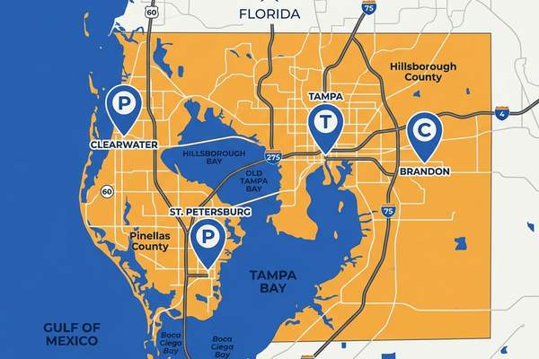 Tampa Bay map displaying targeted geofenced service boundaries for St. Petersburg and South Tampa
