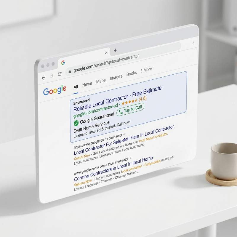 Slight 3D isometric mockup of Google Search and Local Services Ads displaying a Google Guaranteed contractor listing next to an incoming customer call