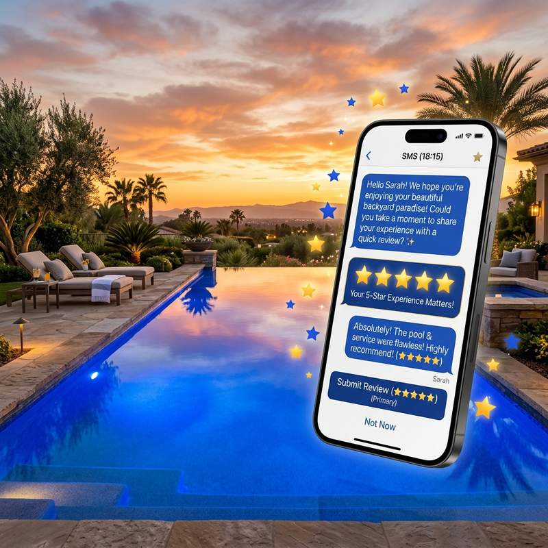 Smartphones displaying positive SMS review requests and glowing stars next to a backyard pool