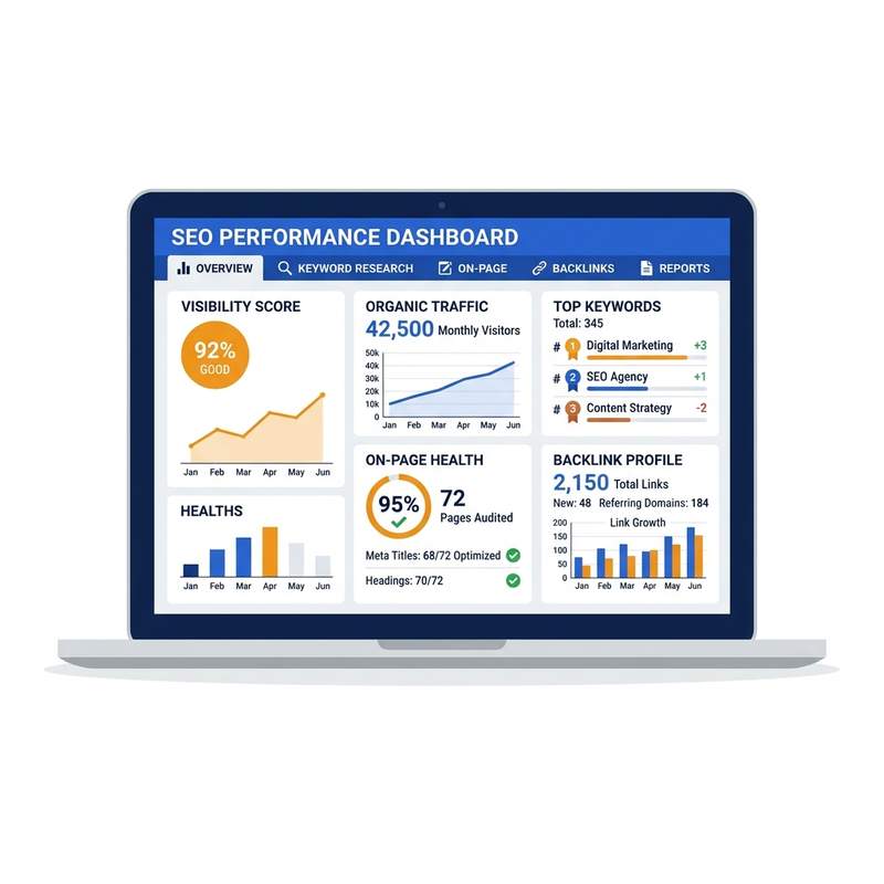 Illustration of search engine optimization growth metrics dashboard showing continuous updates