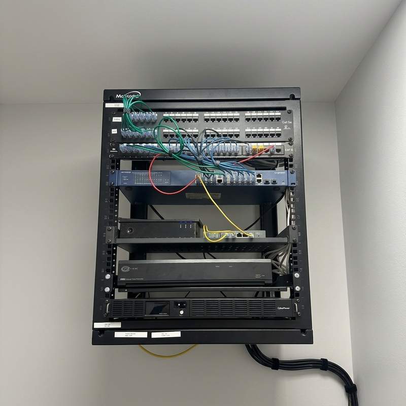 Real wall-mounted open-frame network rack setup configured by Justin Petro