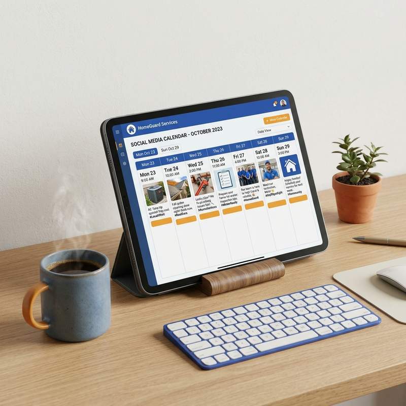 Slight 3D isometric mockup of social media calendar showing professional scheduled posts for contractors