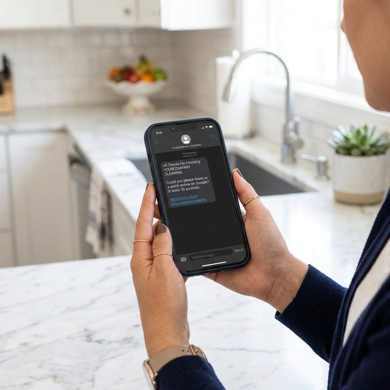Smartphone receiving direct SMS review request for House Cleaner with Google rating stars