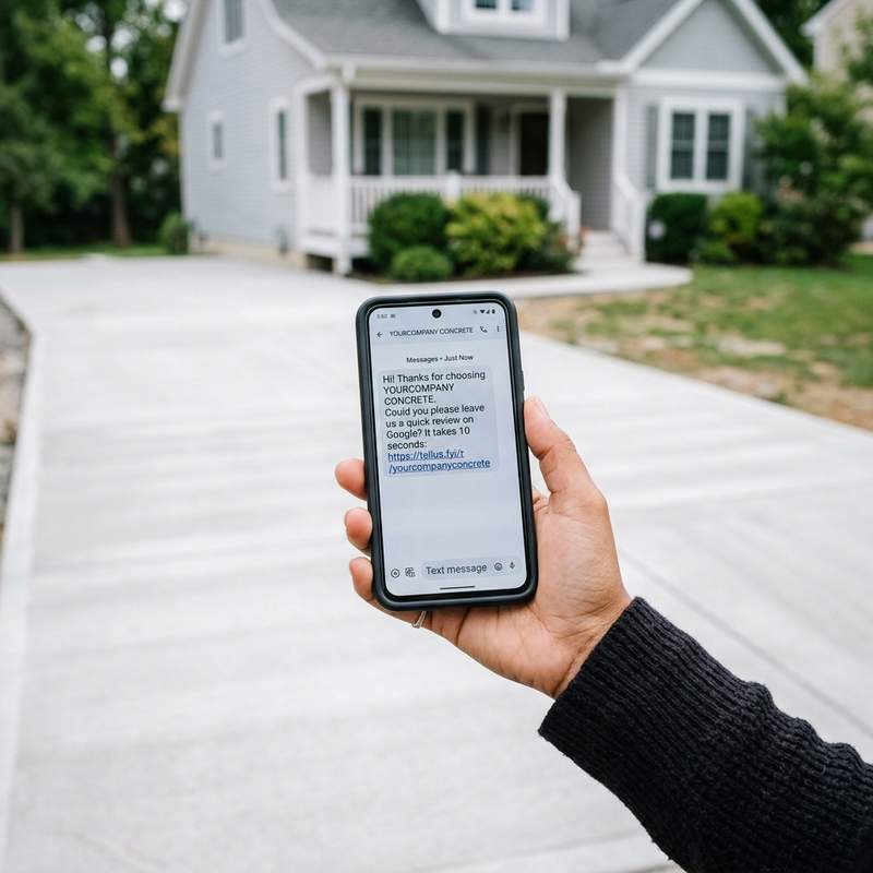 Smartphone receiving direct SMS review request for Concrete Builder with Google rating stars
