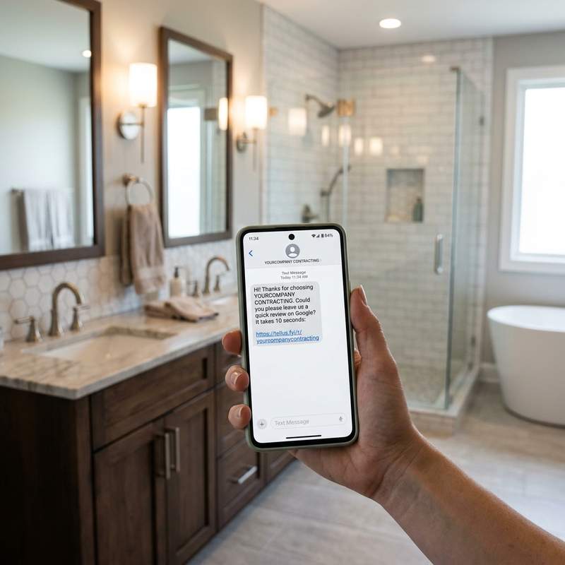 Smartphone receiving direct SMS review request for Contractor with Google rating stars
