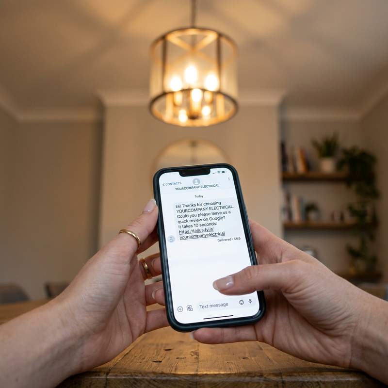 Smartphone receiving direct SMS review request for Electrician with Google rating stars