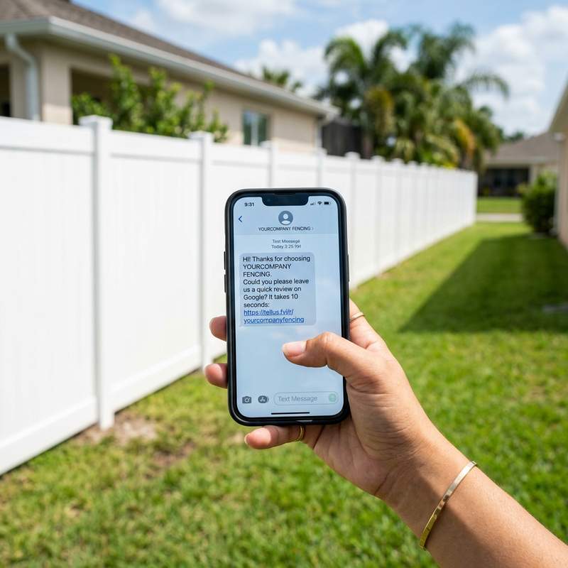Smartphone receiving direct SMS review request for Fencing Builder with Google rating stars