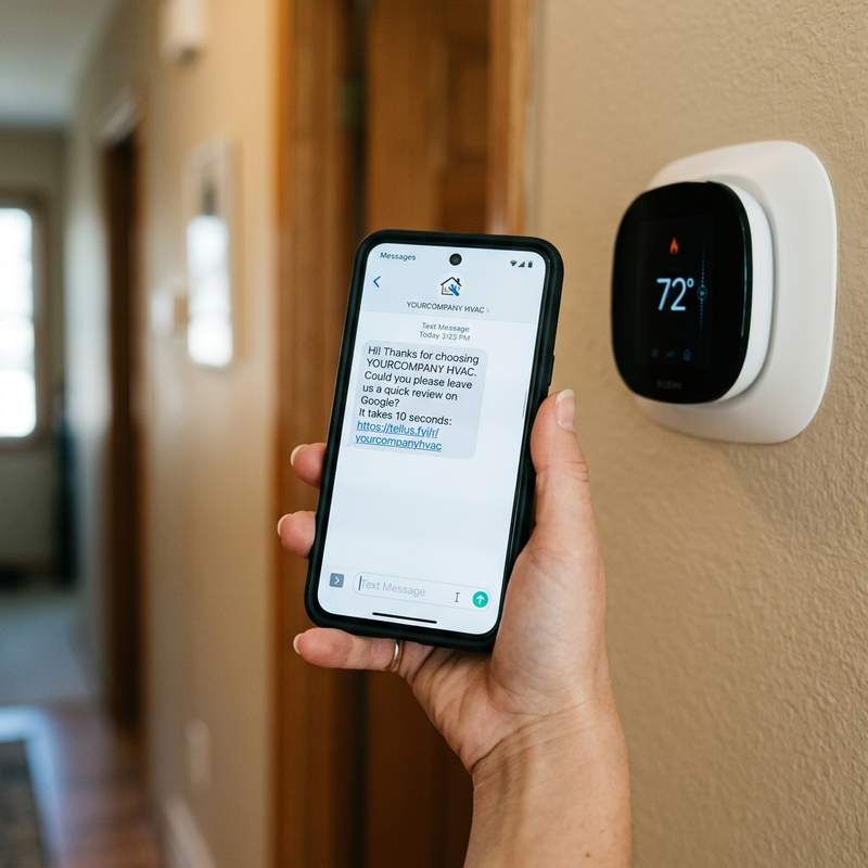 Smartphone receiving direct SMS review request for HVAC Tech with Google rating stars