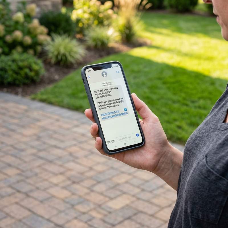 Smartphone receiving direct SMS review request for Landscaping Contractor with Google rating stars