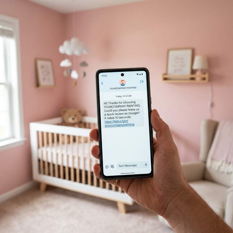 Smartphone receiving direct SMS review request for Painter with Google rating stars