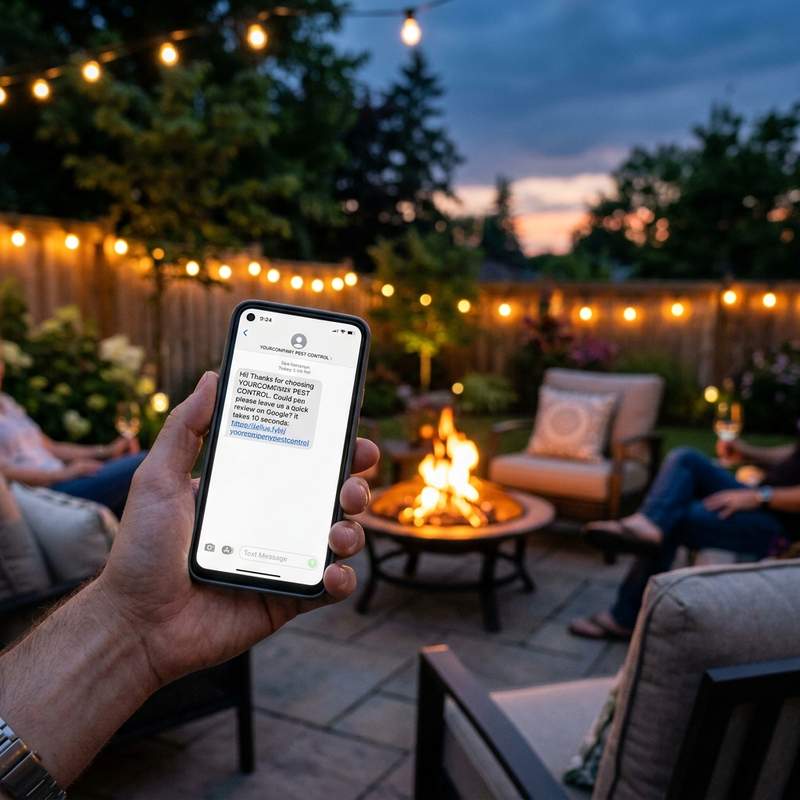 Smartphone receiving direct SMS review request for Pest Control Specialist with Google rating stars