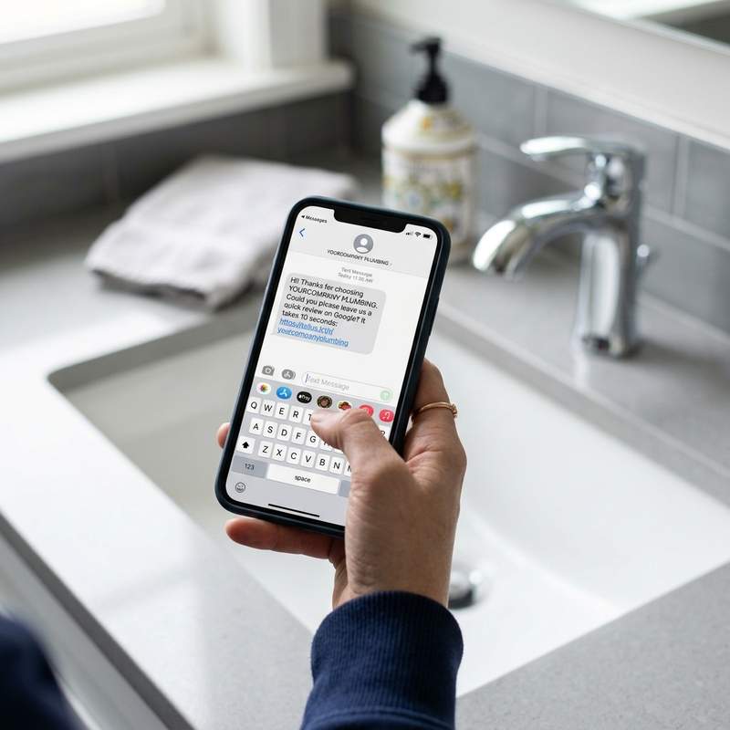 Smartphone receiving direct SMS review request for Plumber with Google rating stars