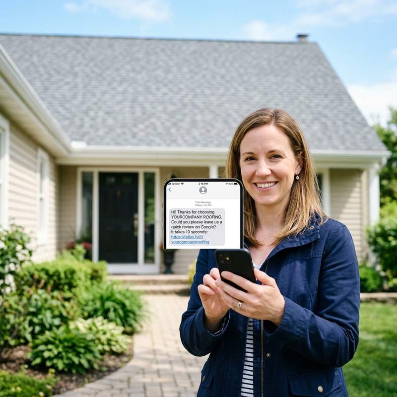 Smartphone receiving direct SMS review request for Roofer with Google rating stars