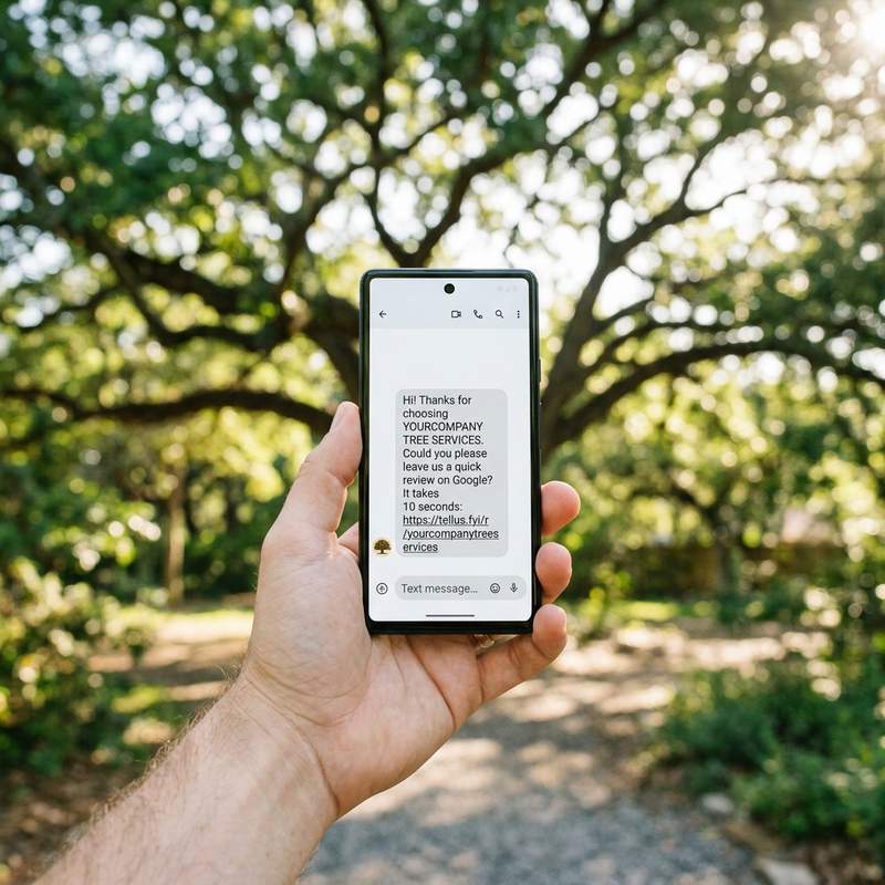 Smartphone receiving direct SMS review request for Tree Surgeon with Google rating stars