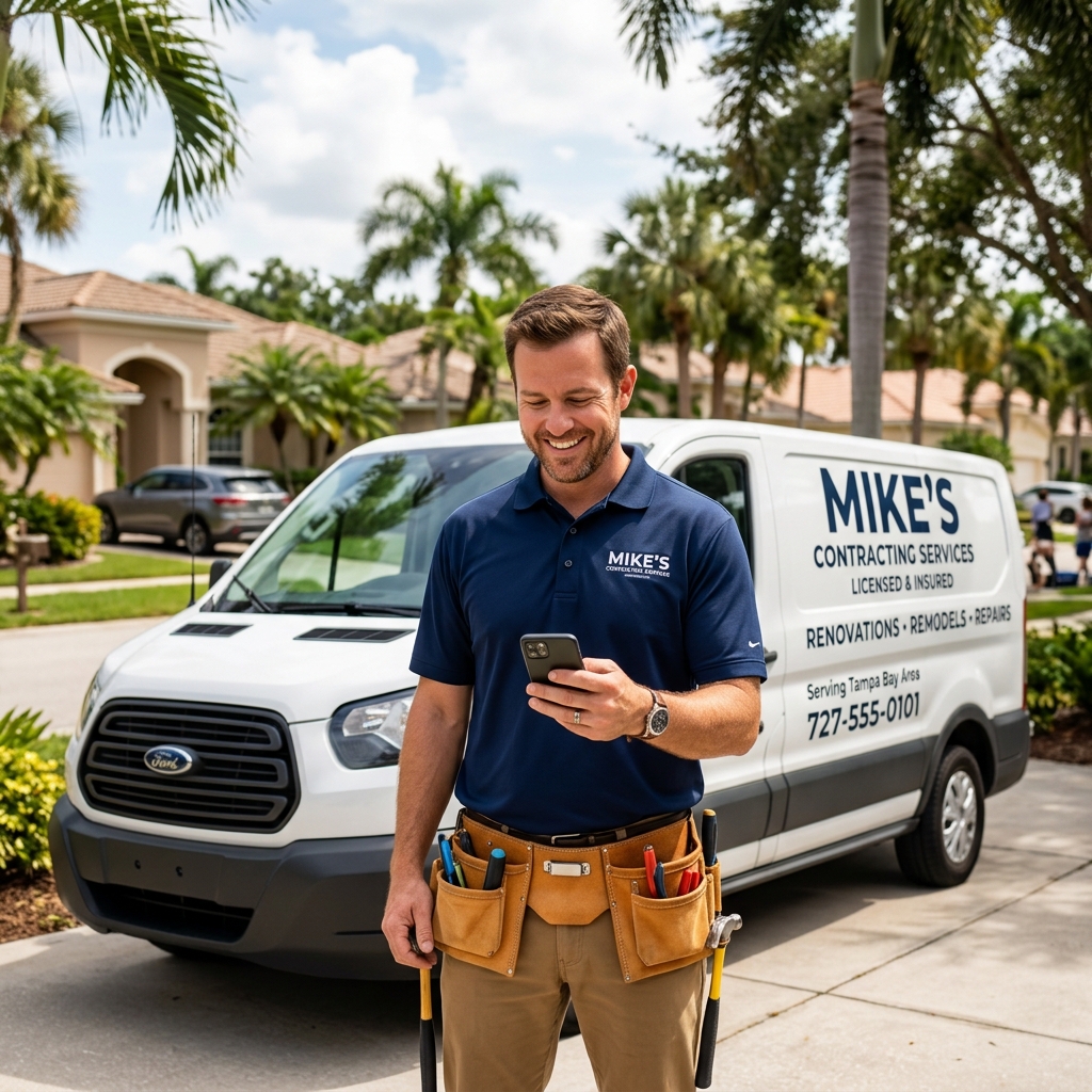 A smiling contractor in a blue polo and tool belt looking at his smartphone in front of a white service van